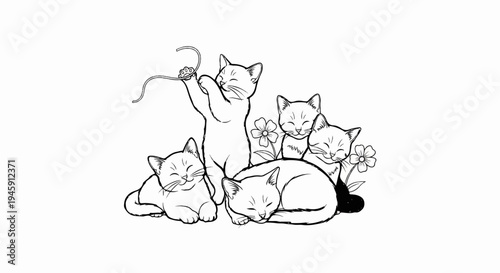 Five playful kittens are depicted in a whimsical line drawing, enjoying a string