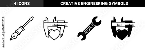 Hybrid technical and creative tool icons featuring a fountain pen screwdriver merger a circuit board wrench and a caliper measuring a heart