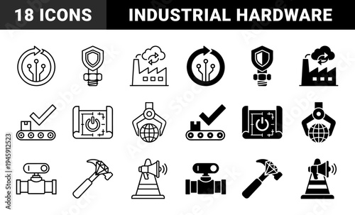 Industrial Hybrid Icon Set Featuring Smart Factory Cloud Integration Conveyor Belt Quality Control Robotic Claw Earth and Hardware Tool Symbols