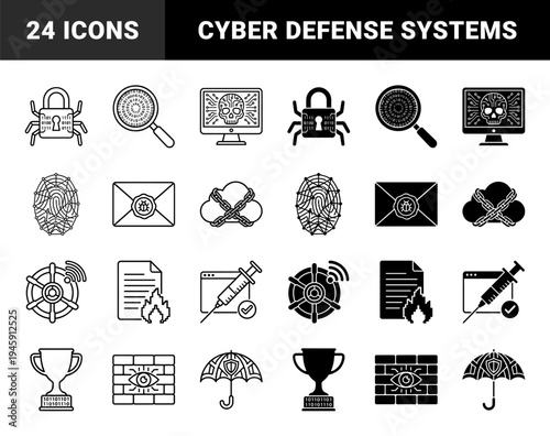 Black and white cybersecurity hybrid icons featuring digital locks with legs, skull monitors, encrypted fingerprints, and malware envelope symbols
