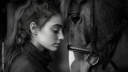 Intimate Connection Between Woman and Horse in Artistic Black and White Imagery Capturing Emotion and Bonding Moments. Generative AI