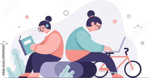 Diverse individuals engage in learning and work using technology and books