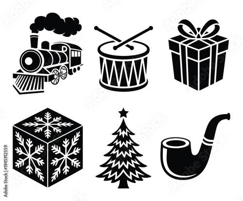 Collection of Christmas and Holiday Train, Drum, Gifts, Tree, Pipe