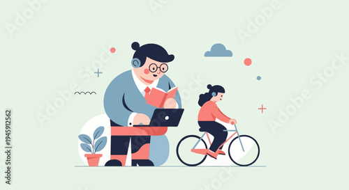Diverse individuals engage in tasks and leisure, with one bicycling and another working