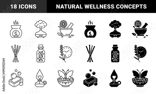 Hybrid Wellness and Apothecary Icons Merging Natural Elements with Lab Science Symbols in Minimalist Solid and Outline Graphic Styles