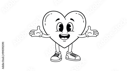 Creative coloring book page featuring a cute cartoon heart character standing with arms open and a happy smiling face.