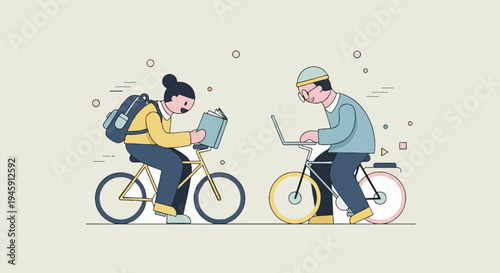 Diverse individuals on bicycles engage in different activities reading and computing