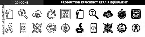 Hybrid industrial maintenance and manufacturing symbols merging tools with production elements like gear factories and stopwatch saw blades in outline and solid styles