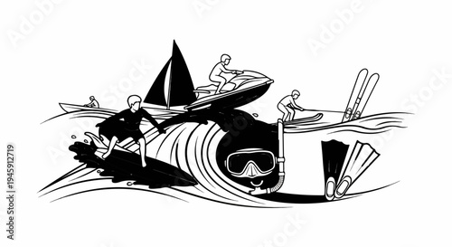 Diverse water sports and activities depicted in a lively black and white graphic