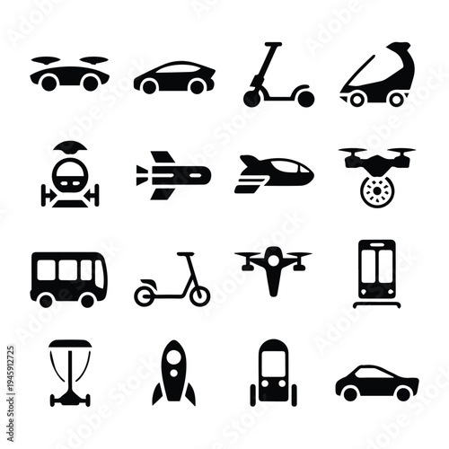 A set of black silhouette icons representing various modes of transportation and vehicles