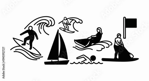 Diverse water sports and activities depicted in a stylized black and white illustration