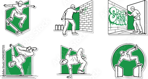 Diverse urban sports and art forms depicted in a stylized graphic collage