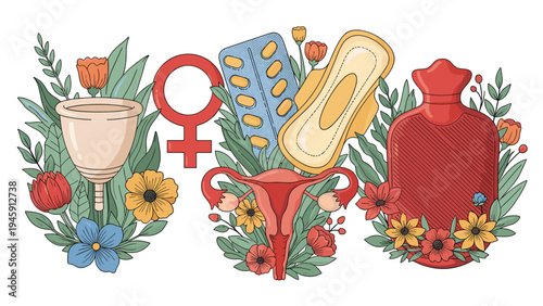 Collection of female reproductive health icons including a uterus, pills, and hot water bottle surrounded by flowers.