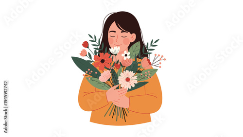 Illustration of a happy serene woman with closed eyes holding a massive colorful bouquet of various spring flowers.