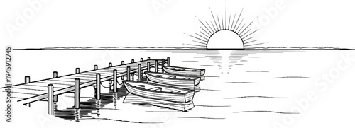 Dock with rowboats at sunrise, calm water, reflected sun