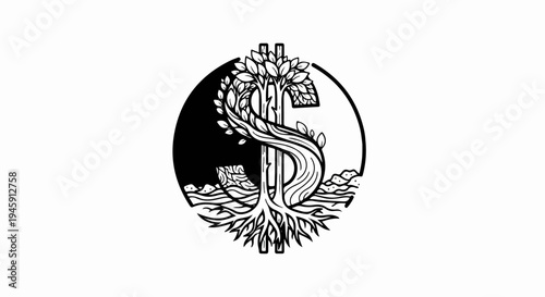 Dollar sign transformed into a growing tree with roots in water