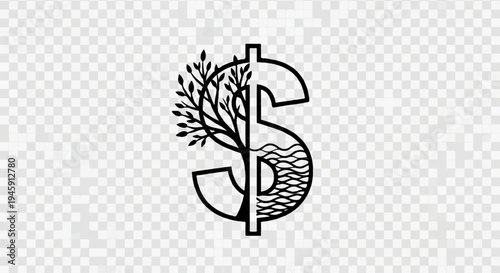 Dollar symbol split into a tree and water elements