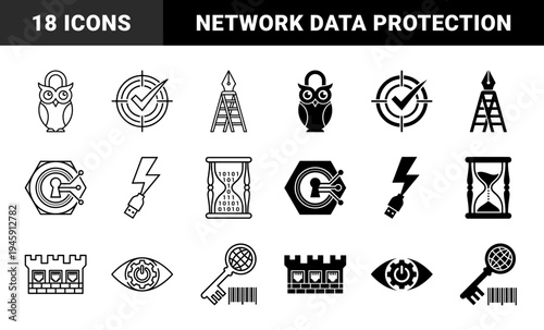 Cybersecurity and Network Protection Hybrid Concepts Featuring Owl Lock Target Tick Pen Ladder Hexagon Keyhole Bolt USB Hourglass Binary Wall Port and Eye Gear