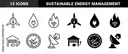 Hybrid Smart Energy and Sustainable Utilities Icon Set Featuring Wind Turbine Thermometer Water Drop Power Plug and Connected Solar Technology