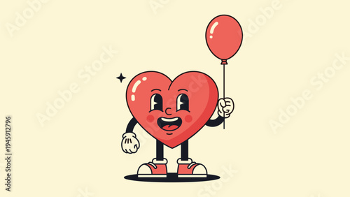 Happy red cartoon heart character standing and holding a single red balloon on a long string against cream background.