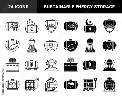 Hybrid Industrial Storage Tank Icons Merging Water Reservoirs with Nature Energy and Sustainability Symbols in Solid and Outline Styles