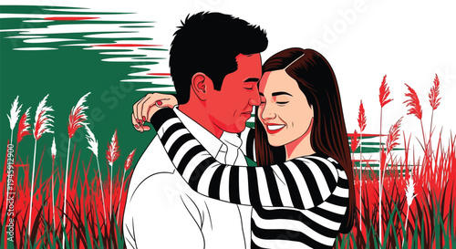 Romantic couple hugging in a field of tall grass at sunset