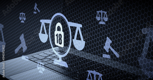 Representación conceptual de la protección de menores en Internet y la legislación sobre Internet, con símbolos de un candado y una balanza, y el número 18 como límite de edad para los jóvenes de 18 a