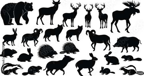 Wildlife silhouette collection, North American animal outline, forest creature figure design, nature motif illustration, mammal icon art, woodland habitat graphic