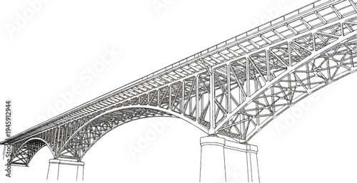 Elaborate truss bridge structure, rendered in a sketch-like artistic style