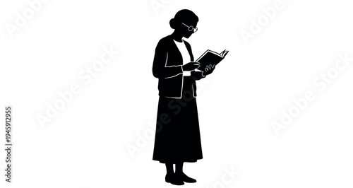 Librarian Silhouette elegant minimalist vector graphic illustration portrays a wise older woman wearing round spectacles, standing poised and completely absorbed in the act of reading a classic book.