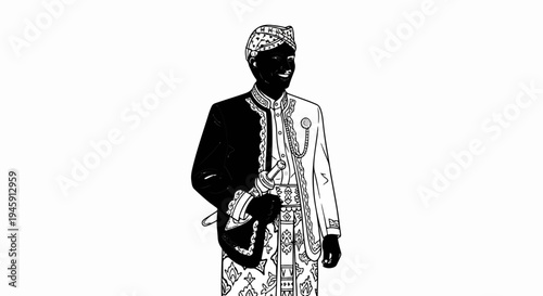 Elegant man in ceremonial attire with a patterned headdress and sword