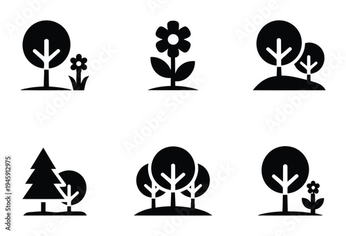 Collection of Simple Black and White Tree and Flower