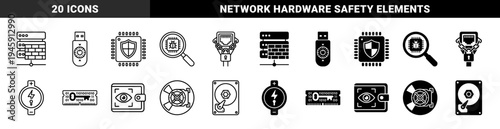 Cybersecurity and Data Protection Hybrid Icon Set Featuring Firewall Servers Encrypted USB Drives Shielded Microchips and Locked Network Cables