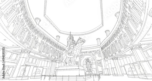 Equestrian statue in a grand hall adorned with intricate carvings and exhibits