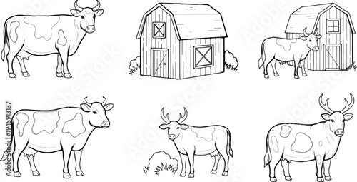 Farm scene with cows and barns in a simple line drawing style