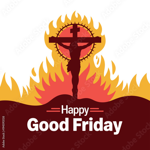 A graphic illustration of a crucifix with flames on Good Friday