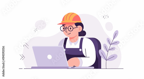 Female engineer in hard hat and glasses works on laptop, surrounded by abstract shapes