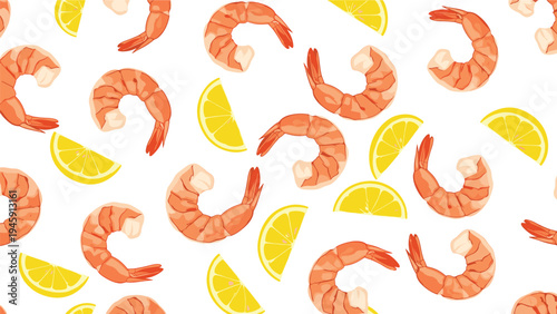 Appetizing colorful seamless pattern of cooked orange shrimp and yellow lemon slices for a seafood themed background.