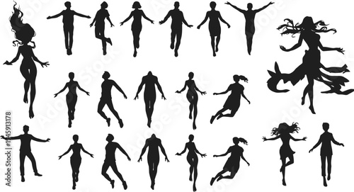 Jumping people silhouettes collection with men and women in dynamic motion action poses vector illustration isolated background