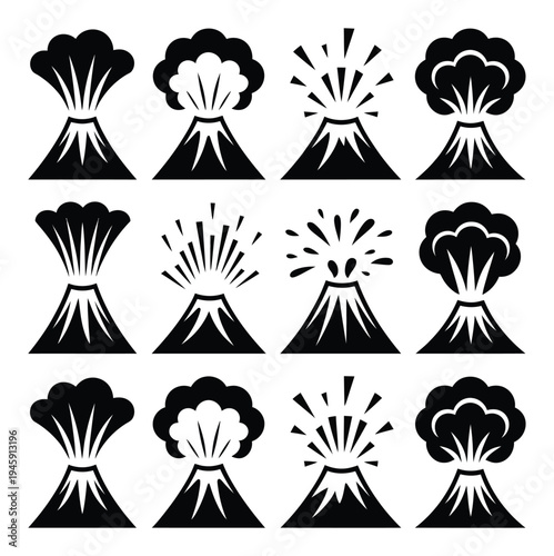 Collection of twelve stylized black and white volcano eruption