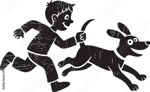 Boy running with dog, playing together, illustration, outdoor activity.