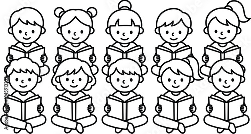 Cute children reading books, happy kids study illustration, school learning activity, kindergarten students reading together, simple outline vector illustration