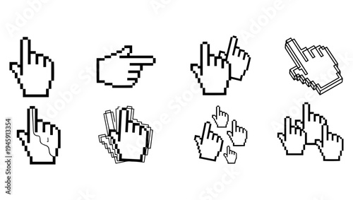 Pixelated Hand Cursor Vector Icons Digital Interaction Isolated on PNG Background, hand cursor, pointer, pixelated hand, clicking hand, digital icon, interaction icon, UI icon, vector cursor, 