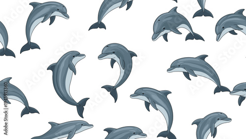 Seamless pattern featuring multiple gray dolphins jumping and swimming in various directions on a plain white background for textile design.
