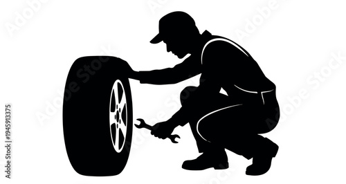 Mechanic Silhouette Vector graphic illustration silhouette of a mechanic crouching down to repair a vehicle tire using a specialized wrench tool for professional automotive service.