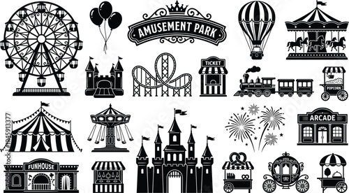 Amusement park icons set, carnival entertainment collection, ferris wheel roller coaster circus tent arcade, theme park vector illustration