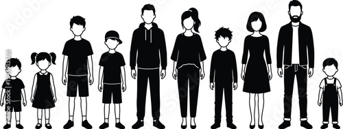 Family members silhouette collection, parents and children standing together, human generation concept, diverse people group, black vector illustration