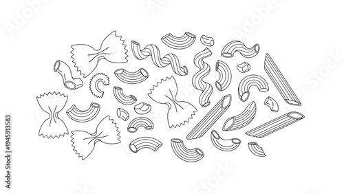Detailed black and white line art drawings of various pasta shapes including farfalle, penne, and macaroni scattered on a white page.