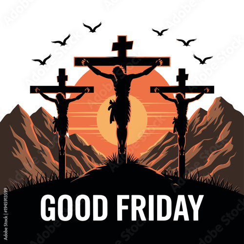 A symbolic illustration of Jesus Christ on the cross at sunset