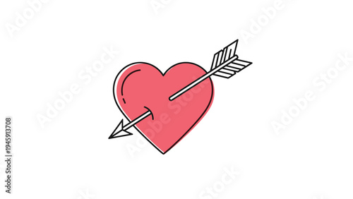 Classic illustration of a pink heart symbol pierced through the middle by a sharp feathered arrow representing love and attraction.